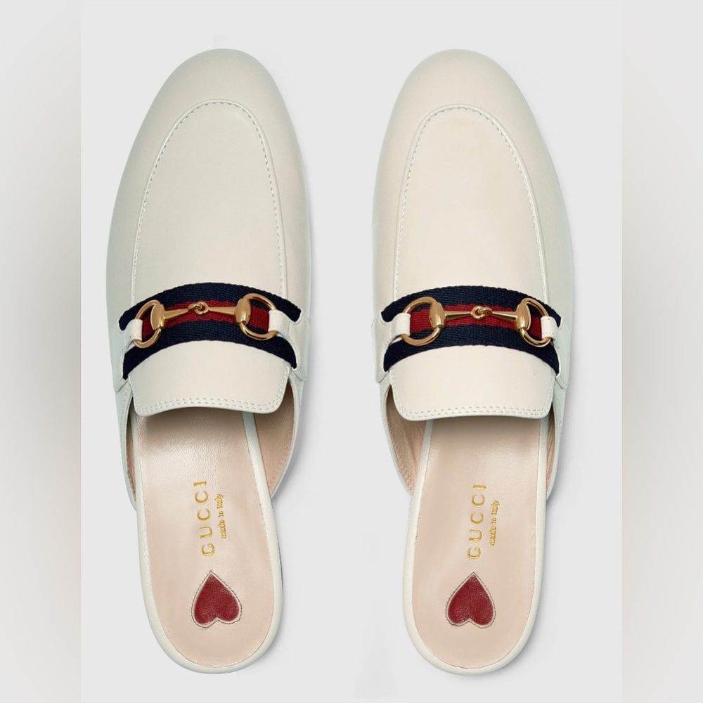 NEW Gucci Princetown White Leather Slipper Mules Loafers Horsebit Web Stripe 8.5